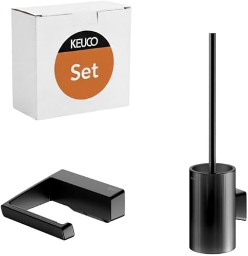 KEUCO Rose Set aus Bürstengarnitur & Papierhalter, ohne Bohren, schwarz | Made in Germany, inkl. Klebeset & Schraubset, Badezimmer Set zum Kleben oder Schrauben