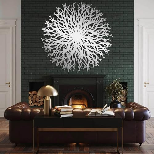 Moderne minimalistische Wanddekoration aus Metall, runder Lebensbaum, Abstrakter Zweig, Naturmotiv, zum Aufhängen, für Wohnzimmer und Schlafzimmer (Silber, 70 x 70 cm)