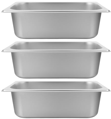Kichvoe 3-teiliges Dampftisch-Set – Edelstahl, 1/3 der Größe, Anti-Verklemmungs-Dampfgarbehälter – 10 cm Tiefe Speisenwärmer, Buffetbehälter für Zuhause, Partys, Hotel, Speisenzubereitung, 3,6 l