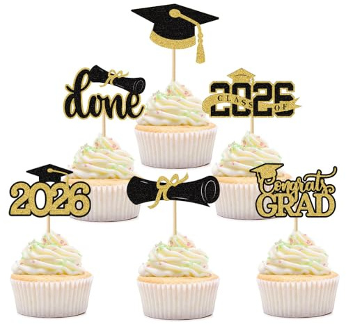 Decoración Tarta Graduación Oro Negro 24 Piezas Set Elegante, Toppers Graduación con Brillo y Sombrero, Adorno Pastel Graduación 2026 Estudiantes, Cupcake Topper Fiesta Graduación, Decoración Mesa
