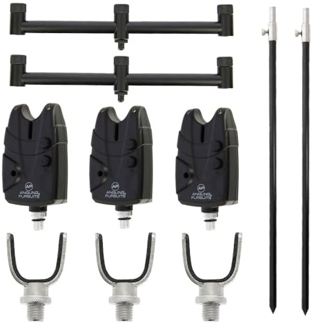 Rutenhalter Set - 2 Teleskop Bank-Sticks 50-90 cm, 2 Buzzer-Bars für 3 Ruten, 3 Edelstahl Rutenhalter, 3 Bissanzeiger, Angelrutenhalter Set, Rutenauflage, Angelrutenständer