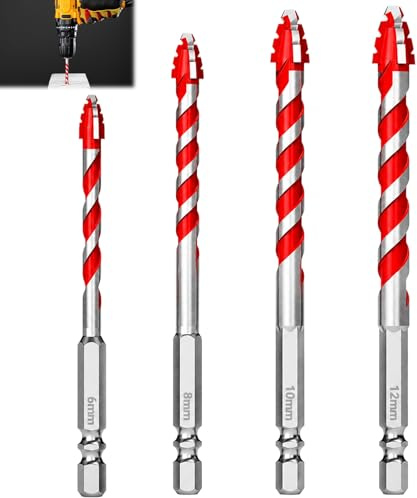 4PCS Masonry Drill Bits Set, Diamond Drills Bits Hammer Drill Bit with Hardened Carbide Tip, Professional Tungsten Carbide Drills Bit s for Tile Glass Quartz Porcelain (6mm+8mm+10mm+12mm)