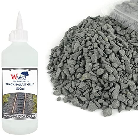 War World Scenics Kit de Balasto 1kg & Cola 500ml para Modelismo Ferroviario -Balasto Grande Gris Oscuro