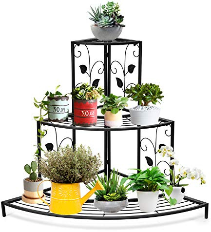 Giantex 3 Tiers Corner Shelf Metal Plant Stand, Stair-Step Style Flower Pot Display, Ladder Plant Display Rack, Quarter Round Plant Shelf for Indoor Outdoor Use