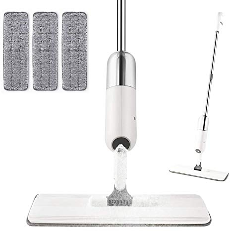 EZ SPARES Trapeador en aerosol para limpieza de suelos, con una botella de spray recargable y 3 almohadillas lavables, mopa con mango para el hogar, cocina, madera, laminada, madera, baldosas de