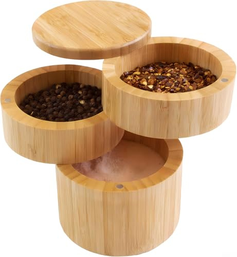 Chiloskit Tarro redondo de bambú, contenedor de almacenamiento de sal y especias, con tapa giratoria magnética de 7 x 9 cm (3 niveles)