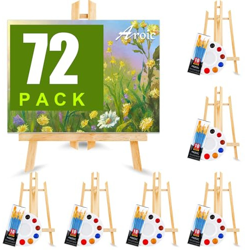 72-teiliges professionelles Malset mit Staffeleien, 6 Holzstaffeleien, 6 Packungen mit 60 Pinseln mit Nylon-Pinselkopf und 6 Paletten, Malzubehör-Set für Kinder und Erwachsene zum Malen.