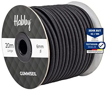 Habby Accessories spänngummi för presenning, expanderrep, gummirep för släpvagnspresenning, presenningsrep, bungee cord, spännrep, mycket elastiskt rep, svart (20 m), Ø 6 mm