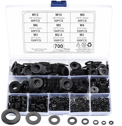 700 rondelle piatte, disco in nylon, distanziatore rotondo, rondelle di sicurezza, per fissaggi industriali, M2/M2.5/M3/M4/M5/M6/M8/M10/M12 (nero)