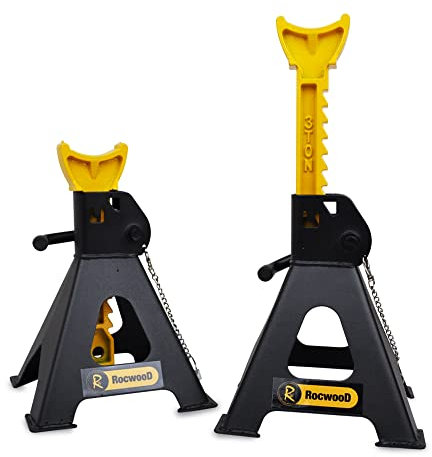 RocwooD Axle Stand 3 Tonne Ton Car Van Jack Ratchet Heavy Duty Automotive Vehicle Repairing Tool Garage Workshop Safety Steel Lift Lifting Pair Of Stands