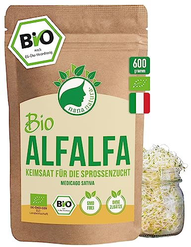 NanaNatura's Bio Alfalfa Sprossen Samen 600g VORTEILSPACK | Keimfähige Alfalfasamen zur Sprossenzucht | Microgreens fürs Sprossenglas | geprüft & abgefüllt in Deutschland