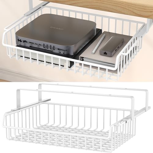 ENONCI Under skrivbordslådor, självhäftande förvaringslådor under skrivbordet, dolda skrivbordslådor i metall, utdragbar, stor kapacitet, skrivbordslåda, organiserare för kontor, hem, skola (vit)