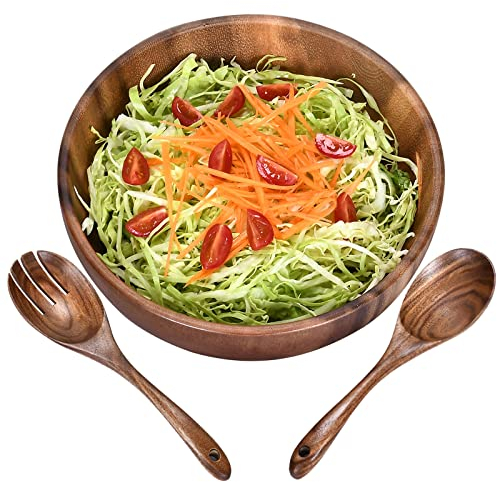 MYUANXI 24cm/9.44in Large Wooden Salad Bowl Purely Handmade Acacia Wood Salad Bowl and Servers Set for Fruits, Vegetables Salads