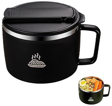 EBbels Ramen Bowl, 1300ml Instant Noodle Bowls with Lid and Handle, Bento Box, Stainless Steel Pasta Soup Bowl, Double Layer Heat Insulation Ramen Mug Serving Bowl (Black)
