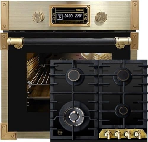 Kaiser Pyrolyse Backofen »EH 6427 AD+KCG 6335 Em«, Retro Pyrolyse Einbau Backofen 73L Schwarzfarbiges Glas 60 cm+60cm, Schwarz Glas, Retro Einbau Herd, 3,8kW WOK Facette vorne Metallplatte