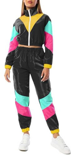 Yisfri Women's Vintage 80s 90s 2 Piece Outfit Retro Neon Full Zip Windbreaker Tracksuits Themed Party Joggers Set (X-Large, Black)