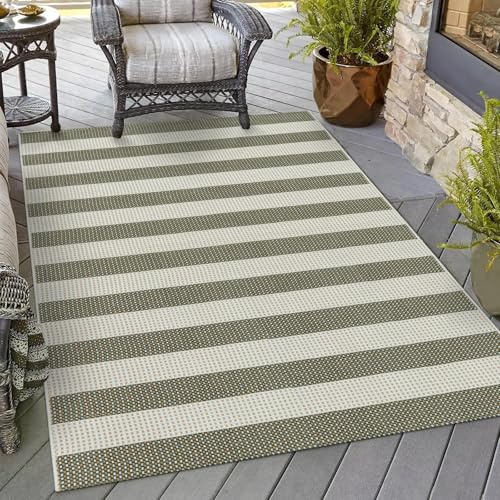 OJIA Striped Outdoor Area Rug 4'x6' Washable Patio Rugs Cotton Woven Living Room Rug Farmhouse Indoor Outdoor Rugs Large Floor Carpet for Courtyard/Bedroom/Entryway (Green/White/Tan)