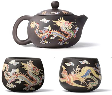 Hormsdar Handgefertigte magische Teekanne mit Drache und Phönix, mit Farbwechsel, 383 ml, Yixing Zisha-Teeset, chinesisches Kung-Fu-Teeset mit Geschenk-Box, Geschenk für Teeliebhaber (Teekanne + 2