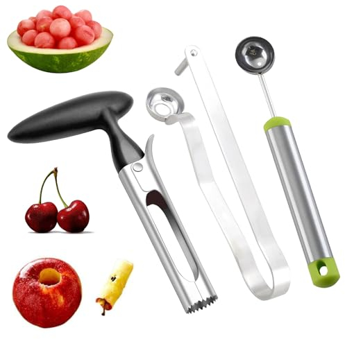 Herramientas para Descorazonar Fruta, Juego de Herramientas de Fruta, Descorazonador de Manzanas, Descorazonador de Cerezas Removedor, 3 Piezas de Acero Inoxidable, Frutas Bolas Cuchara, para Sandías