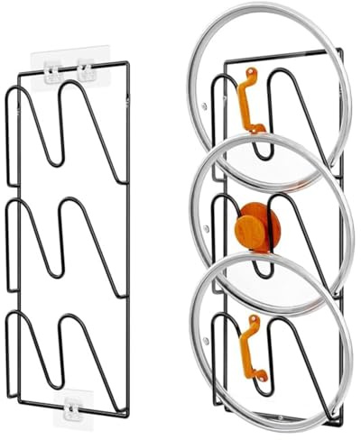 2 Pack Pot Lid Organizer Rack, 3-Tier Pot Lid Holder No Drilling Adhesive Wall/Door Mounted Rustproof Pot and Pan Cover for Kitchen Storage for Cabinet Door/Wall