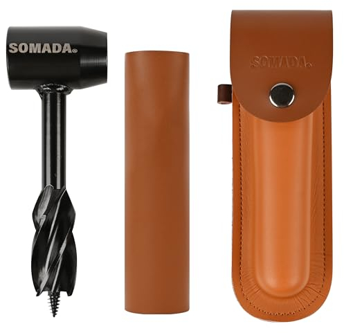 SOMADA Bushcraft Hand Auger Wrench Set - Manual Wood Drill Peg, Survival Tool Multitool with Leather Case for Bushcrafting & Camping, Black, Carbon Steel Handle