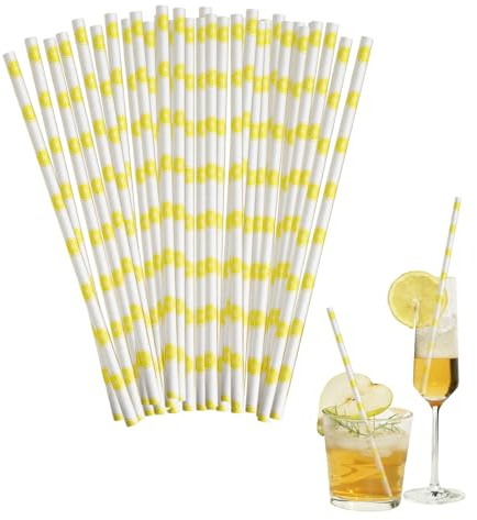 DAJISI 100 PCS Straws Drinking Paper, Paper Straws Printed with Lemon for Anniversaries, Cocktail Party and Party