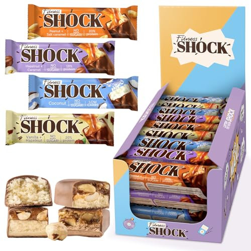 Fitnesshock Protein Bars High Fiber, Low Carb Protein Snack Bars – No Added Sugar, Rich Chocolate Flavors | Variety Box | 24x50g
