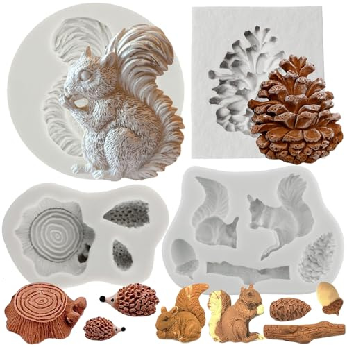 MYPRACS Lot de 4 moules en silicone en forme d'animal de la forêt, en forme d'écureuil, pommes de pin, moule à fondant, souche, tronc d'arbre, moules à bonbons pour décoration de gâteaux, décoration