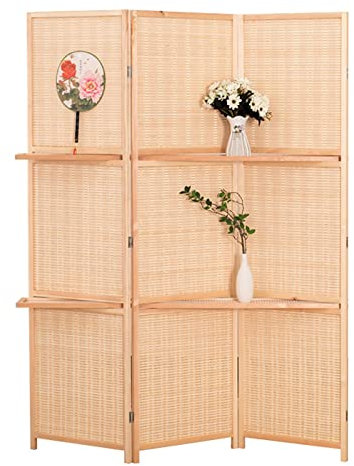 GLJTUO Raumteiler Mit 3, 4 Oder 5 Paneelen Und Ablage, Für Tür/Flur/Ankleidezimmer, Sichtschutzwand, Klappbar, Bodenstehend, Raumteiler, Paravent, Natürliches Bambusholz,3 Panels-High-170cm/66.9in