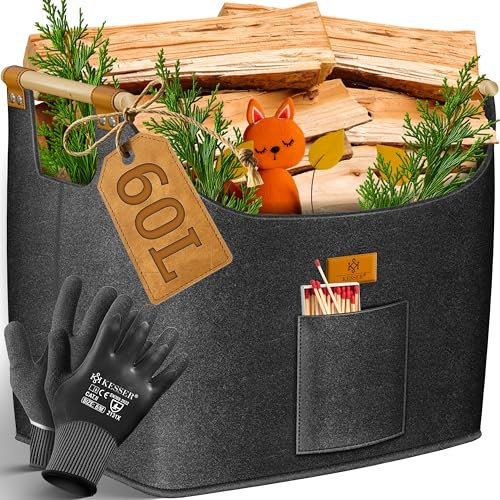 KESSER® Cesta plegable con asas de madera reforzadas, para leña de 60 litros, bolsa de fieltro extra grueso, almacenamiento periódico o madera