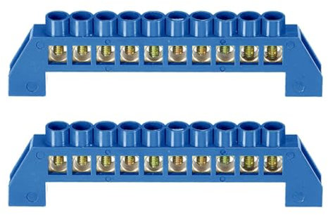 2Pcs Neutral Terminal Bar 10 Positions Brass Wire Screw Terminal Bus Bar Block Grounding Strip Blue Shell for Electrical Distribution