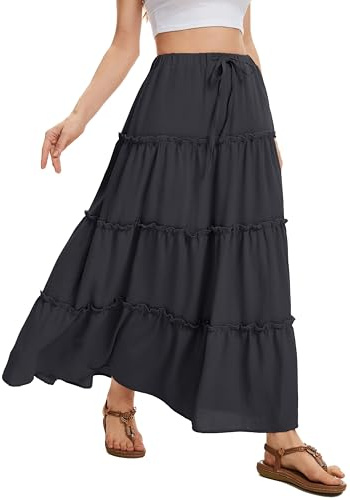 WUWUSKY Women's Skirts Elastic High Waist Flowy Maxi Skirt Summer Casual Elasticated A Line Skirts with Pockets,Black，S