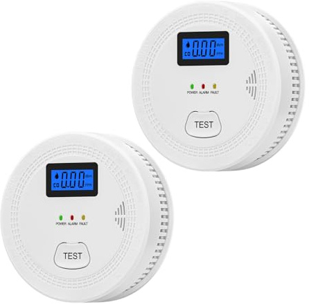 Lancoon 2-pack Hushållsrök med batteri som drivs med LCD-display kolmonoxid och rökig kombo fotoelektrisk sensor med ljusvarning ljud bärbar testknapp för resor