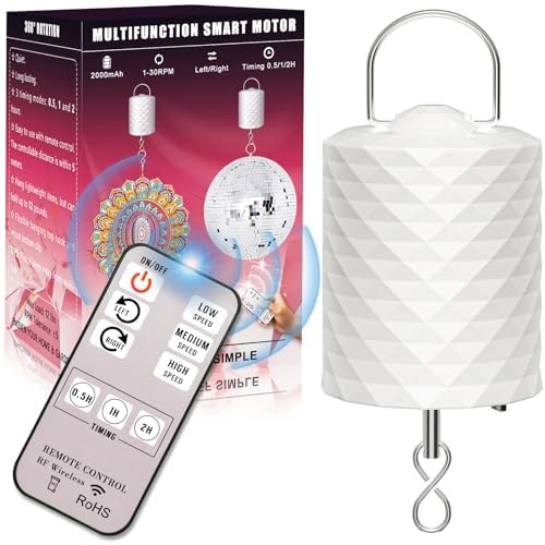 Disco Ball Motor with Remote, 1-30 RPM 3 Speeds & 2-Way Rotation, 0.5/1/2H Timing, 12LBS Capacity for 6-20 Mirror Ball, Operated Slow Control Wind Spinner Chime for Mobile Decor