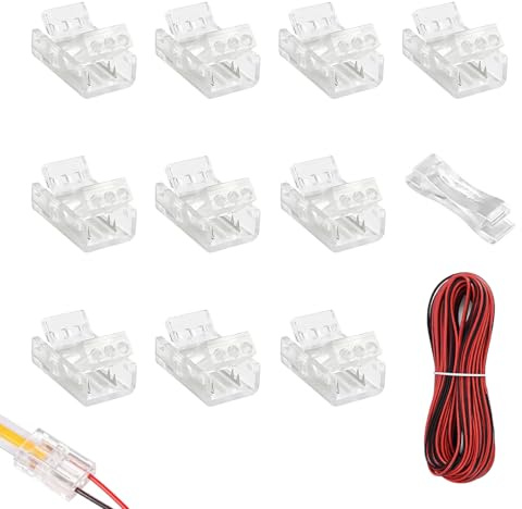 10m 2 Pin LED Streifen Verlängerungskabel 22 AWG, mit 10x 8mm LED Strip Connector, Anschlusskabel für SMD 3528 2835 5050 LED Lichtband, Lötfreie Verbindung, 12V 24V LED Strip Kabelset, LED Verbinder
