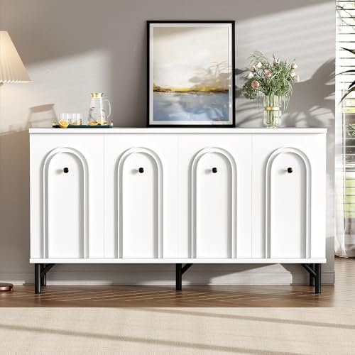 Aparador Moderno 140 cm de Ancho con 4 Puertas estantes Ajustables Armario de almacenaje Frente de Arco 3D Mueble Buffet para salón Comedor Cocina Pasillo aparador Blanco