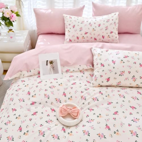 Michorinee Housse de Couette 140x200 Blanc et Rose Fleurs Feuilles Vert Coton Parure de lit Vichy à Carreaux Adulte 1 Personne Parure Housse Couette avec Fermeture éclair et 1 Taie d'oreiller 65x65