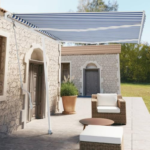 Standmarkise Automatisch 350x250 cm, Blau/Weiß, Elektrische Terrassenüberdachung mit Fernbedienung, UV-Schutz & Wasserdicht für Patio, Garten, Balkon, Outdoor