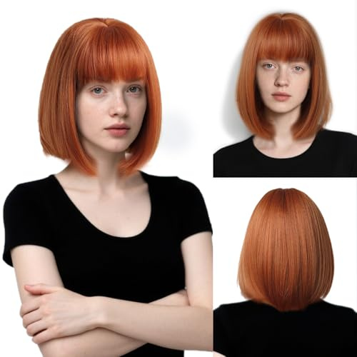 SAIIURV Auburn Perruque Glam pour Femme, 12 Pouces/30 cm Coloré Droit Bob Orange Perruque Synthétique Avec Flat Frange Longueur des épaules Ginger Wig pour Cosplay Halloween Costume Fête (Orange)