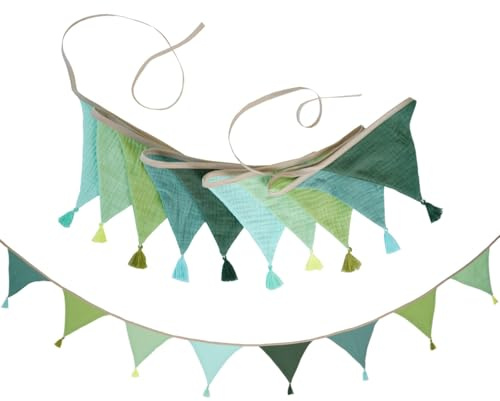 10 Pcs Green Bunting,Fabric Bunting,Triangle Cotton Bunt Fabrics Banner with Tassel Accessories Kit Reusable Multiple Green Banners Flags Ornament for Baby Shower,Birthday Party,Christmas Decoration