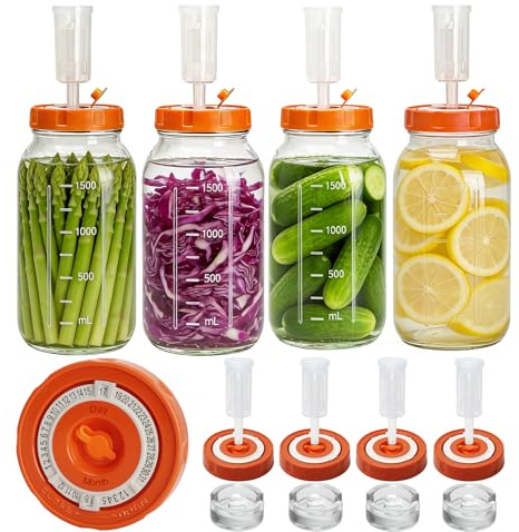 Hersolm Fermentation Kit for Wide Mouth Mason Fermenting Jar, 4 Glass Weights,4 Lids with Date Marker,4 Airlocks (No Jars) Complete Pickling Sauerkraut Kit