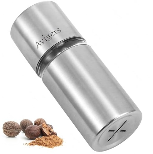 Molino de nuez moscada con depósito, molino de acero fino para el más fino polvo de nuez moscada, rallador de nuez moscada, molino de nuez moscada para cuatro nueces moscadas
