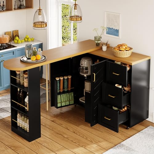 Kebnor Carrello da bar allungabile con 2 ante e 3 cassetti (135 – 228 x 39 x 104 cm), arrotolabile, tavolo da bar, piano di lavoro effetto legno (nero)