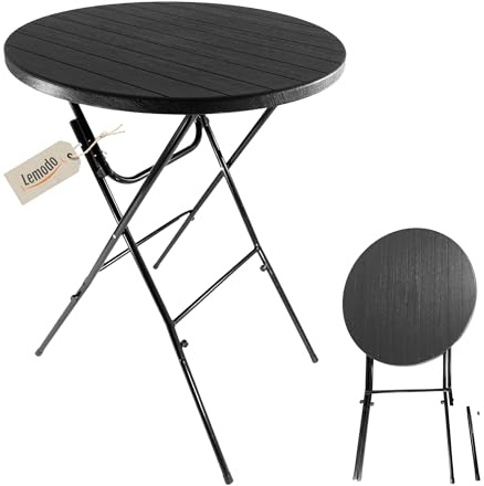 Lemodo Stehtisch klappbar 80 cm (Höhe 110 cm, bis 50 kg belastbar) schwarz Holz-Optik – mit Kunststoff-Tischplatte & Stahlgestell, abnehmbare Beine, platzsparend für Gartenparty, Hochzeit & Balkon