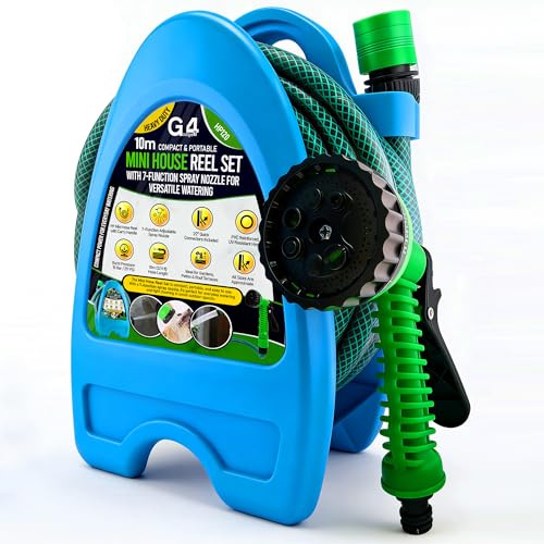 G4GADGET 10m Mini Garden Hose Pipe Reel with 7-Function Spray Gun Nozzle – Compact Lightweight Hosepipe with Quick Connect Fittings, Water Hose for Small Gardens, Balcony, Patio & Outdoor Cleaning