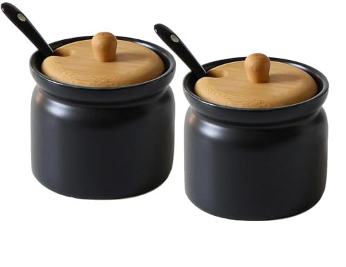 Juego de 2 tarros de especias de cerámica, recipiente de cerámica, salero, azucarero con cuchara y tapa de bambú, para cocina, comedor, cafetería, 180 ml (negro)