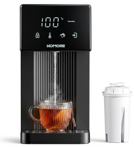 KOMORE 4L Hot Water Dispenser, 7 Temperature Presets & 8 Volumes Options, Instant Hot Water Dispenser with Filter for Hot Drinks, Filtered Water Dispenser with Child Lock, Black