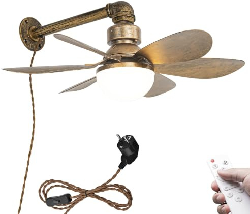 FSLiving Retro väggfläkt med 3 roterande blad och fjärrkontroll med belysning, antik guld, kompakt och tyst för enkel kontroll och väggmontering