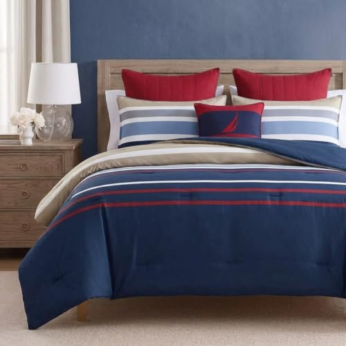 Nautica - Queen Duvet Cover Set, Cotton Reversible Bedding with Button Closure, Stylish Bedding Set (Bradford Navy/Khaki, Queen)
