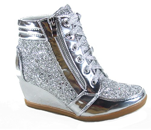 Forever Link Women's Fashion Glitter High Top Lace Up Wedge Sneaker Shoes, Silver, 5.5 UK